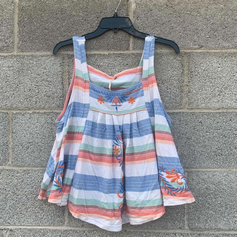 Free People Tank Top Multi Color Striped Cotton Keyhole Back Babydoll Boho Large